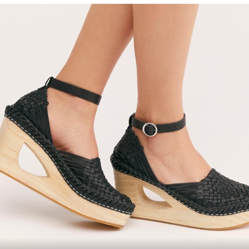 Free People Black Woven Ankle-Strap Wood Platform Sandals